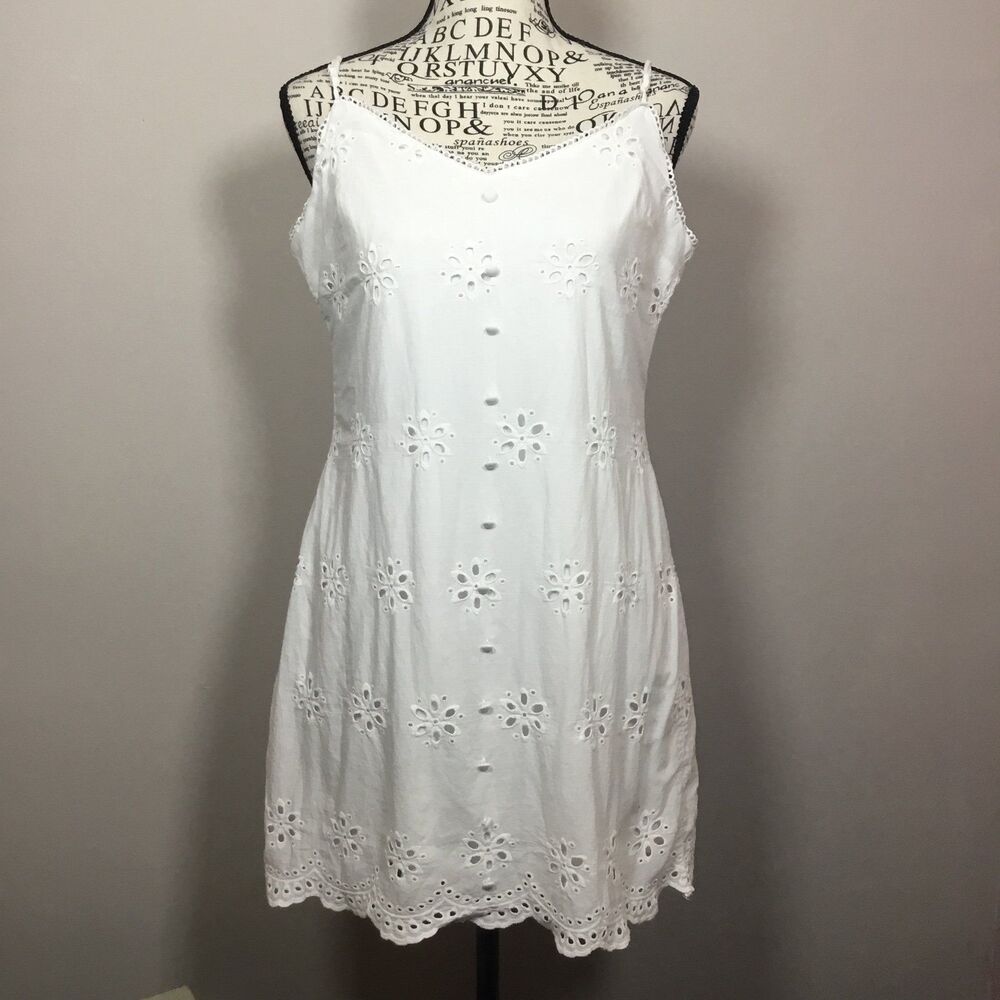 White Eyelet lace cotton summer dress spaghetti straps button detail fairy sz L